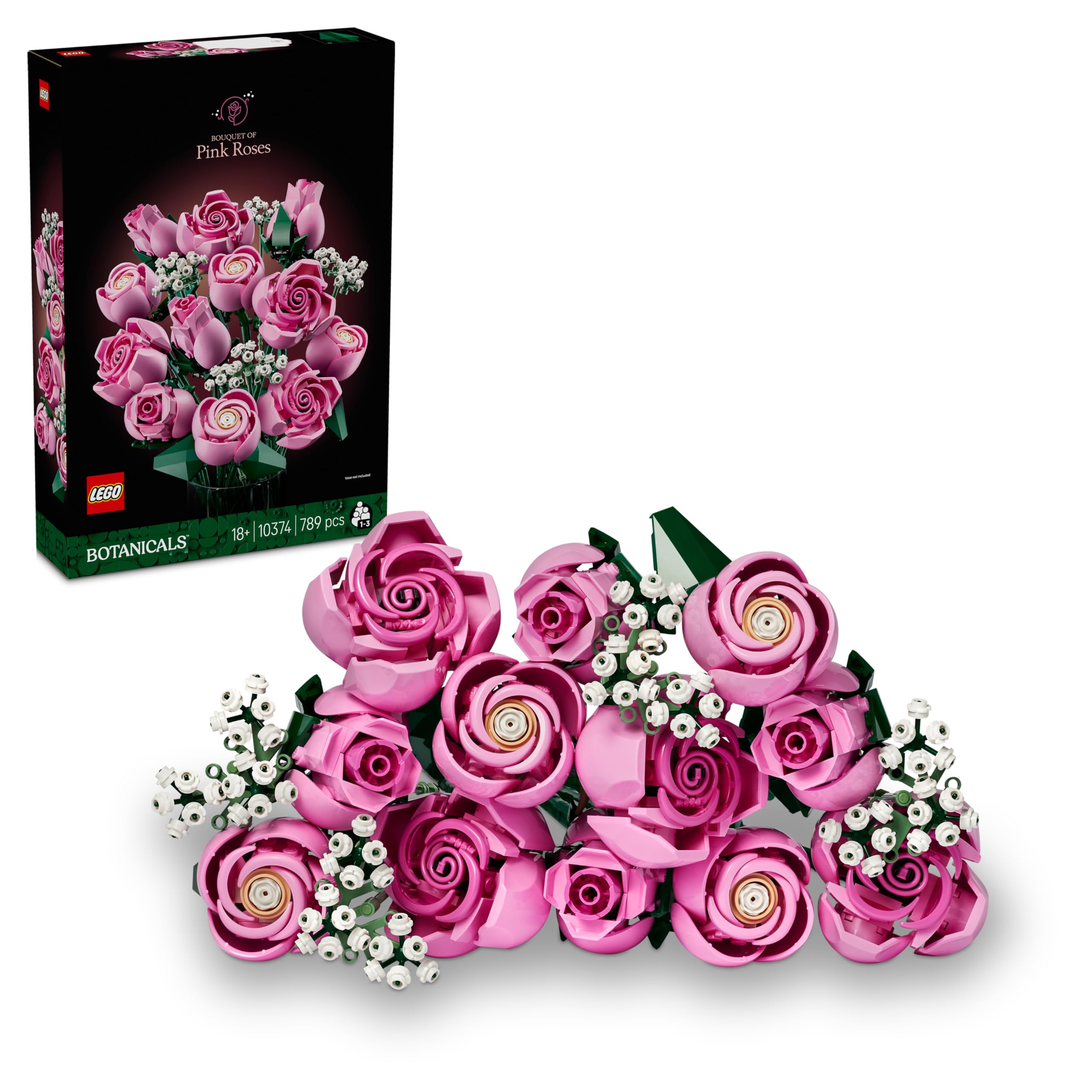 LEGO Botanicals Pink Rose Bouquet - Set of Artificial Flowers for Adults - 12 Artificial Roses & 4 Branches of Gypsophila as DIY Decoration - Gift Idea for Women - 10374