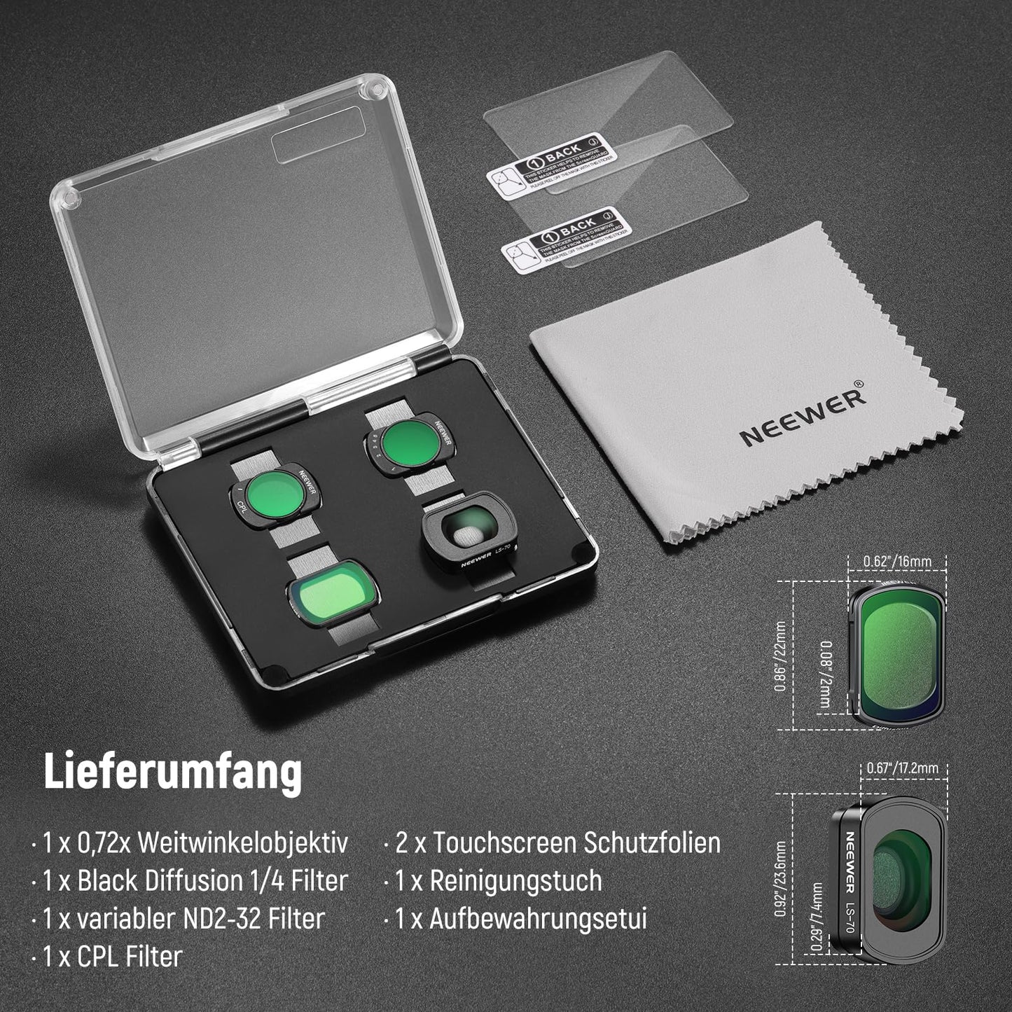 NEEWER Magnetic ND filter set, compatible with DJI Osmo Pocket 3 / Pocket 4 / Xtra Muse, variable ND2-32, black, diffusion filter 1/4, CPL 0.72x, wide angle lens + screen protector - FL-C16