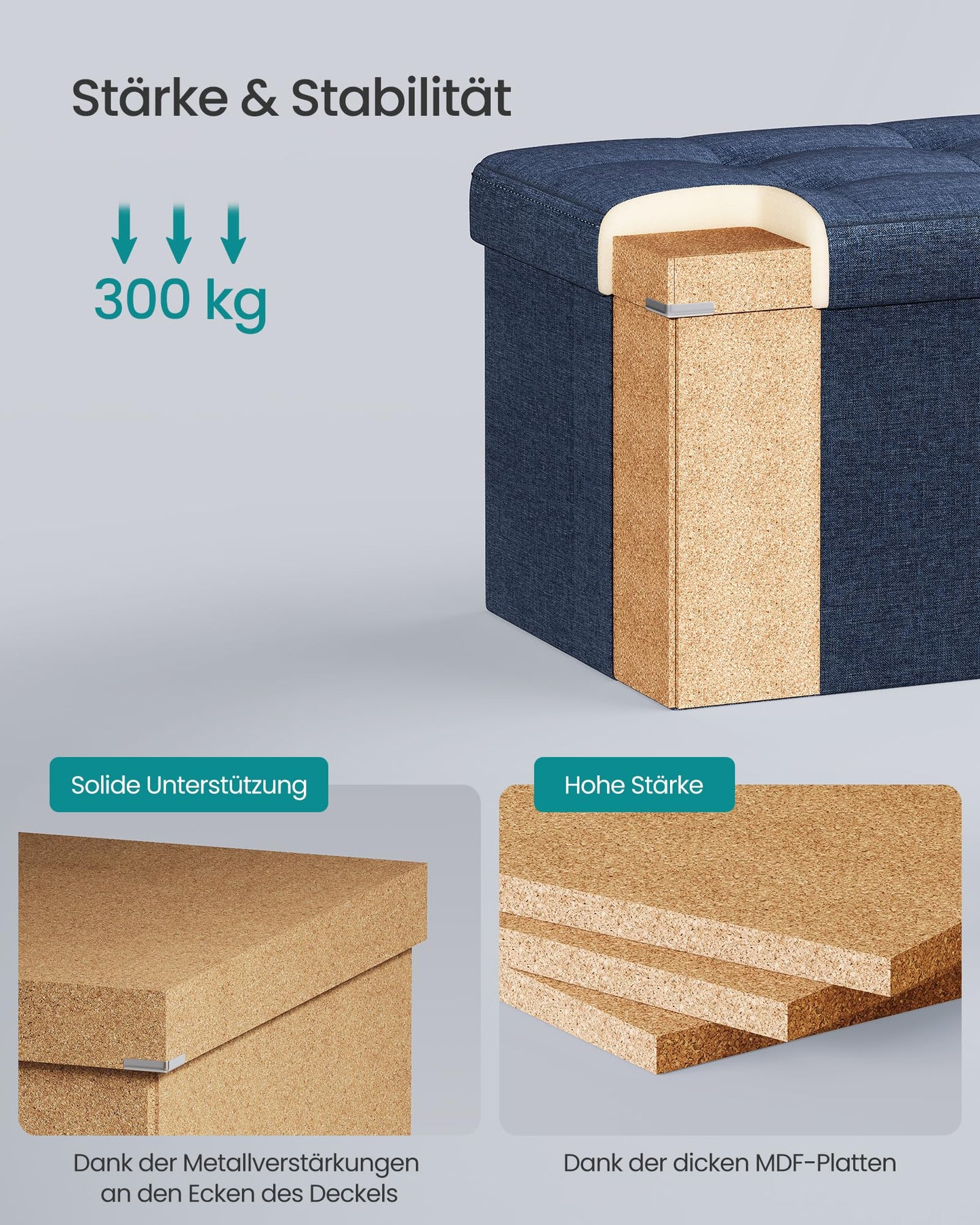 SONGMICS Stool with storage space, folding bench, 38 x 76 x 38 cm footstool, storage box, load capacity up to 300 kg, for living room, bedroom, hallway, midnight blue LSF47IN - SUPTMAX