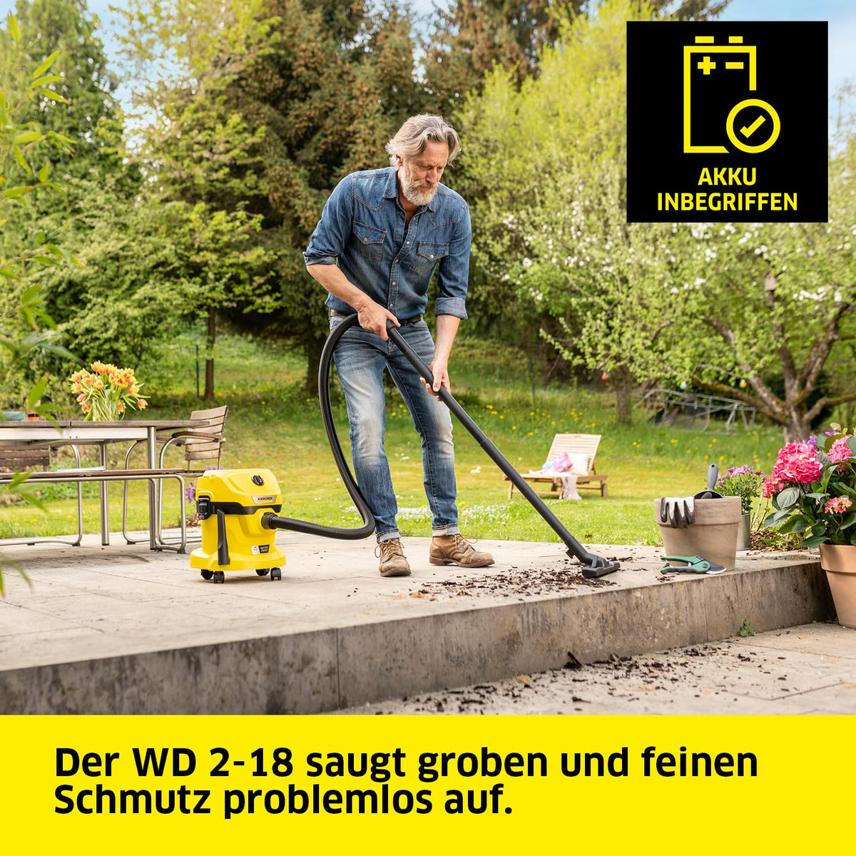 KÄRCHER Battery Wet/Dry Vacuum Cleaner WD 2-18 Battery Set, including filter, crevice and wet/dry nozzle, 225 Watts, plastic container: 12 l, suction hose: 1.8 m, with battery and charger, Yellow - 1.628-501.0