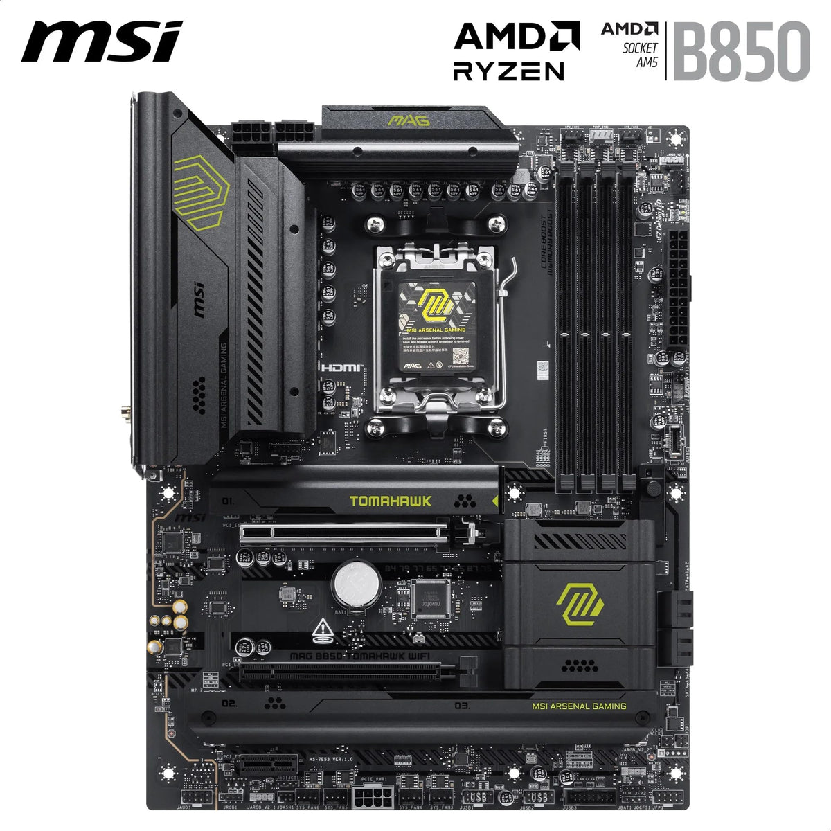 MSI MAG B850 Tomahawk WiFi Placă de bază, ATX - Suportă procesoare AMD Ryzen 9000/8000 / 7000, AM5-80A SPS VRM, DDR5 Memory Boost 8200+ MT/s (OC), PCIe 5.0 x16, M.2 Gen5, Wi-Fi 7, 5G LAN - 7E53-001R