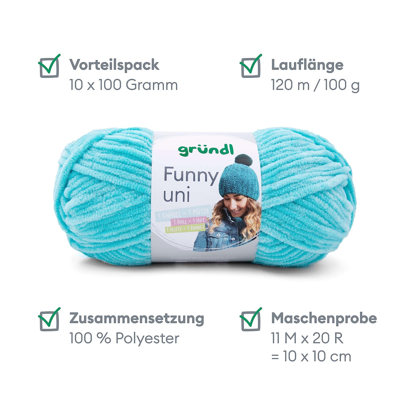 Gründl Wolle Funny uni - soft chenille wool for crocheting - cuddly and skin-friendly - 100% polyester - 10 balls 100 g / 120 m - needle size 5-6, turquoise - 3442-24
