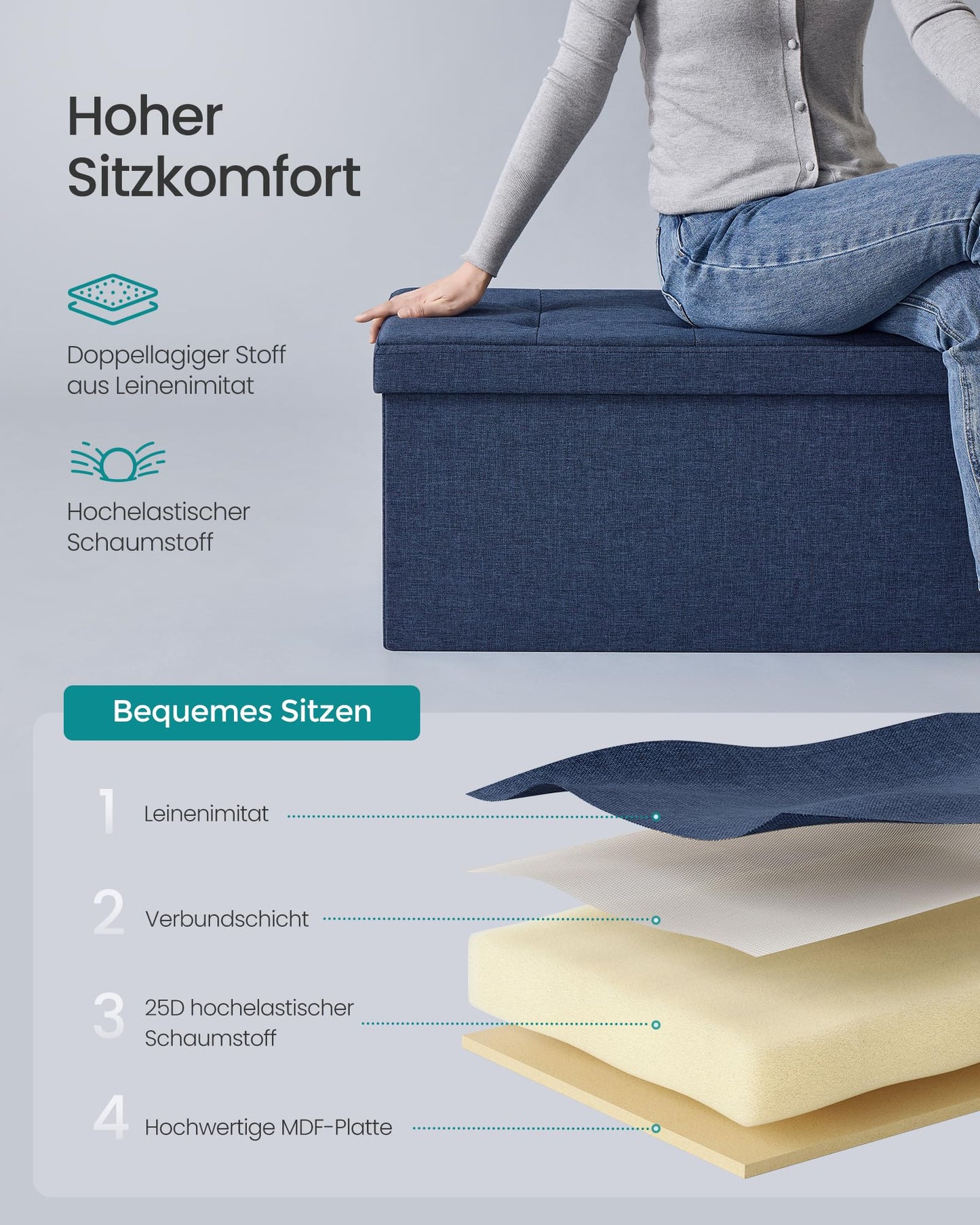 SONGMICS Stool with storage space, folding bench, 38 x 76 x 38 cm footstool, storage box, load capacity up to 300 kg, for living room, bedroom, hallway, midnight blue LSF47IN - SUPTMAX