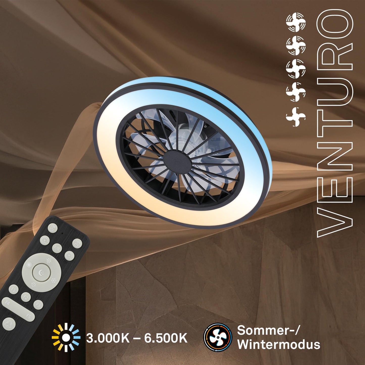 BRILONER - LED ceiling fan with lighting, remote control, quiet DC motor, 5 speeds, CCT, dimmable, lamp with fan, LED ceiling light, ceiling lamp fan, 38 cm, black - 3970015