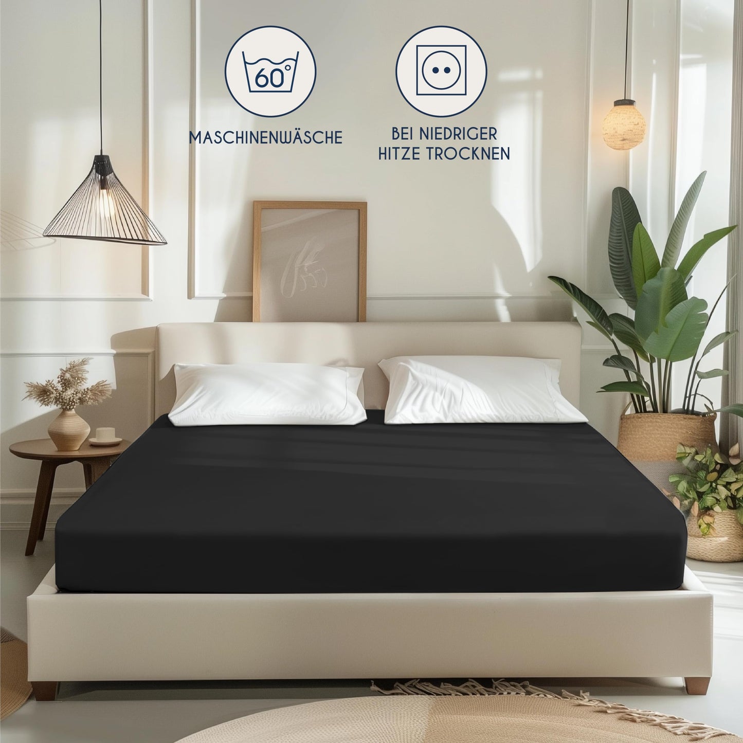 Dreamzie - fitted sheet 200x200cm - cotton Oeko Tex certified - black - 100% jersey fitted sheet 200x200 - DHC_200x200_Bk_2