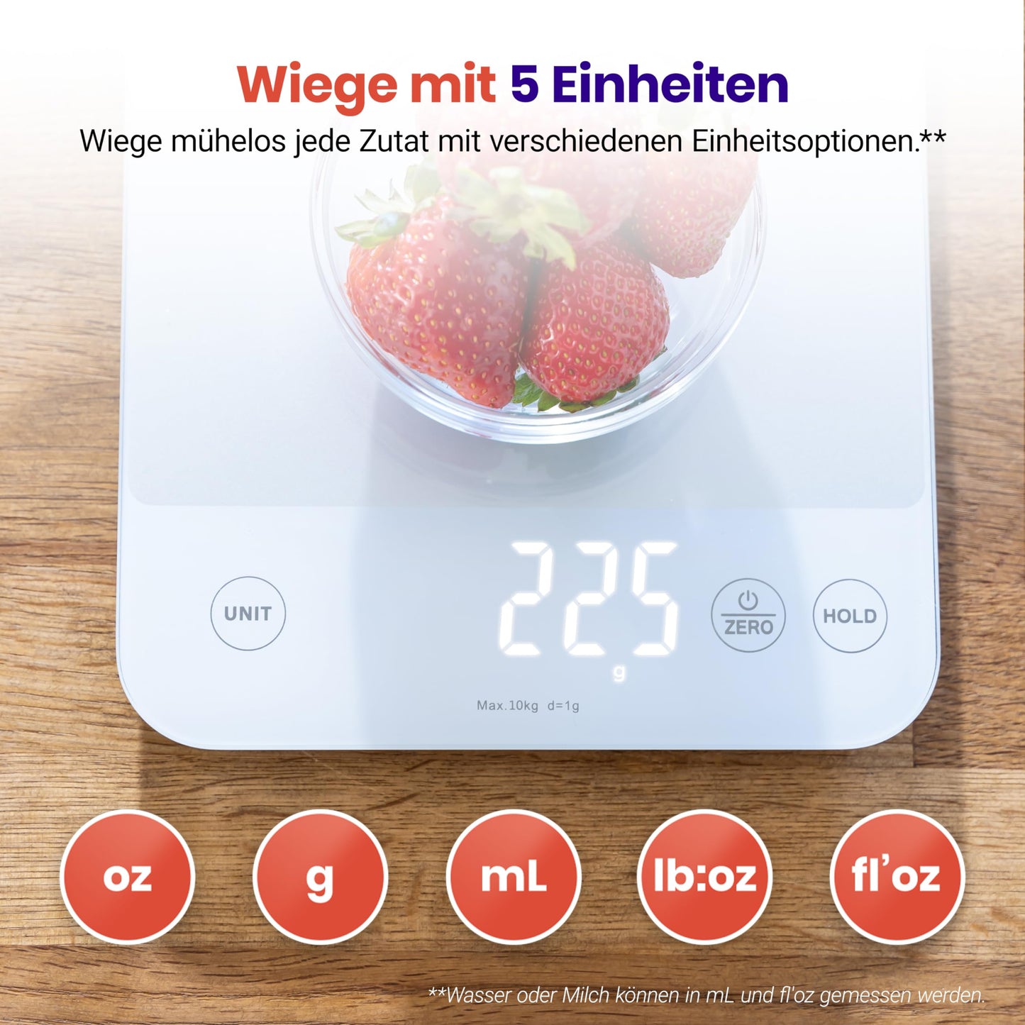 ETEKCITY kitchen scales, precision scales 0.1g accurate, 10kg digital kitchen scales with large LED display, waterproof kitchen scales, kitchen scale for measuring liquids, tare function - 10KG-1g - white glass - EKS-L422