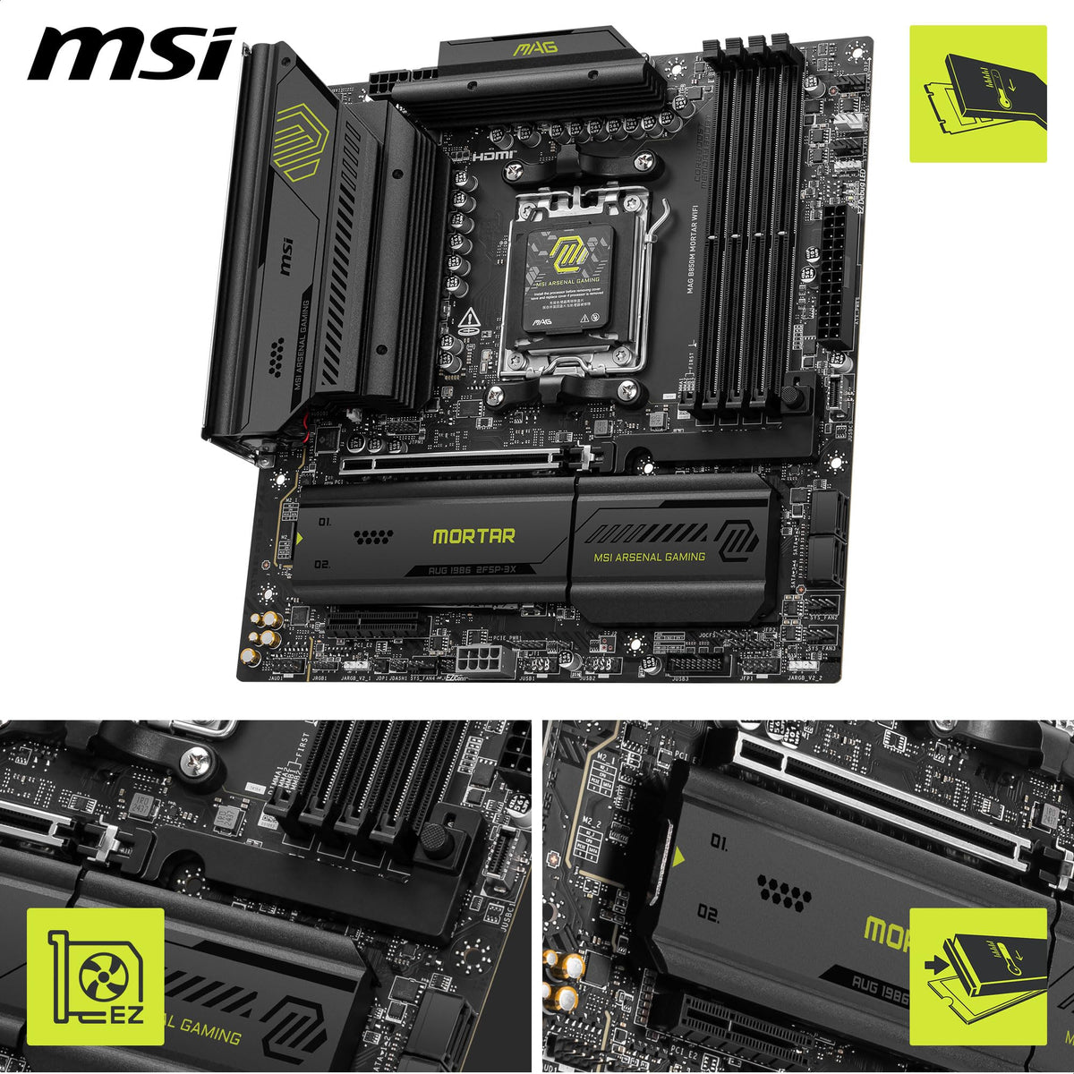 MSI MAG B850M Mortar WiFi Placă de bază, mATX - Suportă procesoare AMD Ryzen 9000/8000 / 7000, AM5-60A SPS VRM, DDR5 Memory Boost 8200+ MT/s (OC), PCIe 5.0 x16, M.2 Gen5, Wi-Fi 7, 5G LAN - 7E61-001R