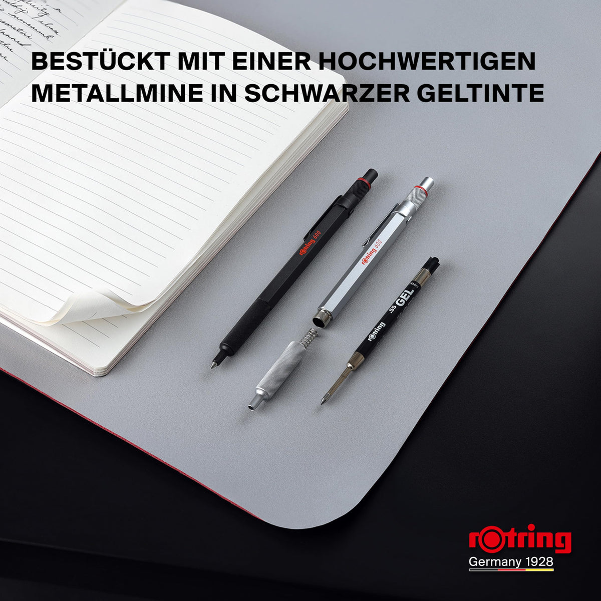 rOtring 600 Gelschreiber | 0,55 mm | Cerneală neagră | Instrument de scris argintiu cu corp metalic | Zonă de prindere antiderapantă, cu striații și corp hexagonal | Reîncărcabil - SAP_2196011