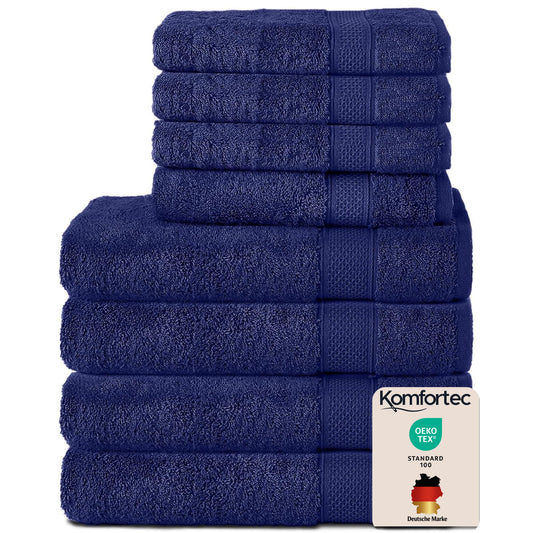 Set 8 prosoape Komfortec, 4 prosoape de baie 70x140 cm și 4 prosoape de mână 50x100 cm, frotir 100% bumbac, pufos și absorbant, bleumarin - 4er-50x100-und-4er-70x140-navyblau-amz