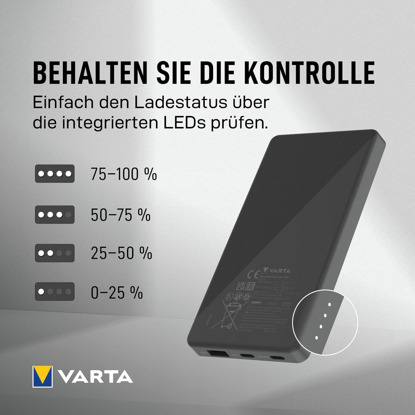 VARTA Power Bank 20000mAh, power bank Power on Demand with 3 ports (1x USB A, 2x USB C), compatible with tablets & smartphones, in environmentally friendly packaging