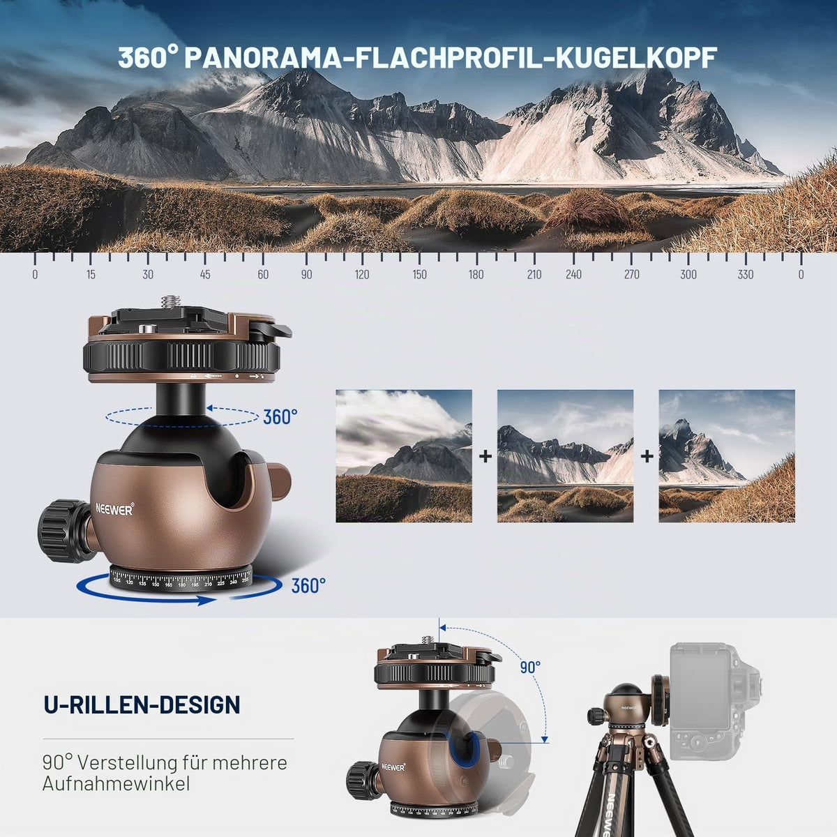 NEEWER Tripod Head Ball Head Tripod Mount Adapter, flat tripod head, ball mount, quick release with 1/4" QR plate, compatible with Peak Design Capture Camera Clip, max load 10kg, GM32 - GM32/40mm