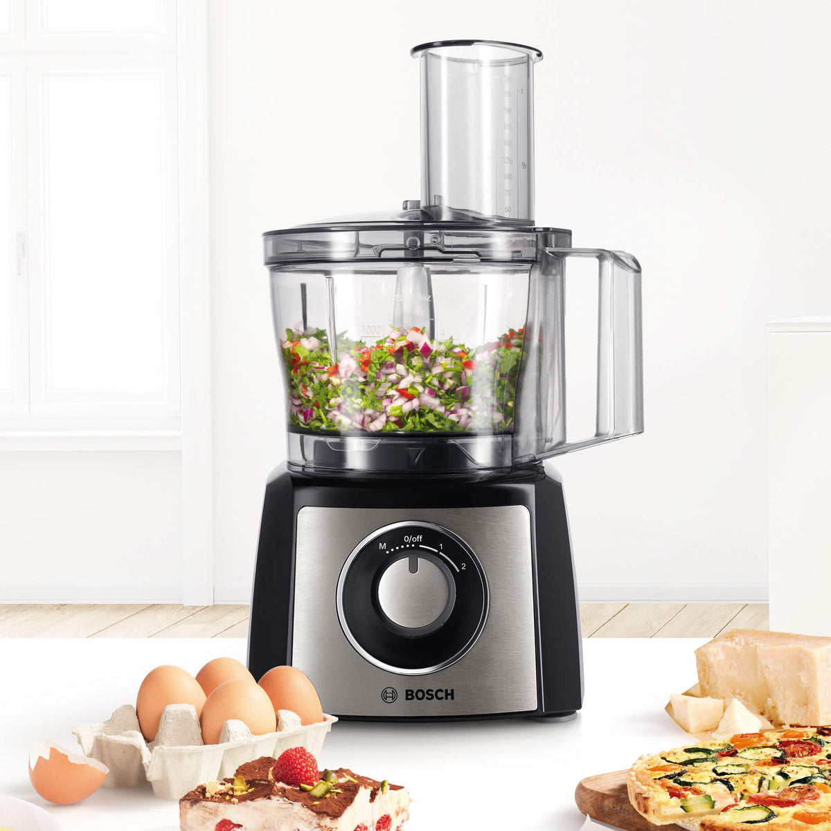Bosch Compact Kitchen Machine MultiTalent 3, 50 functions, mixing bowl 2.3 L, blender 1.0 L, universal knife, cutting and grating (fine, coarse), whipping disc (cream), 900 W, black, MCM3PM386