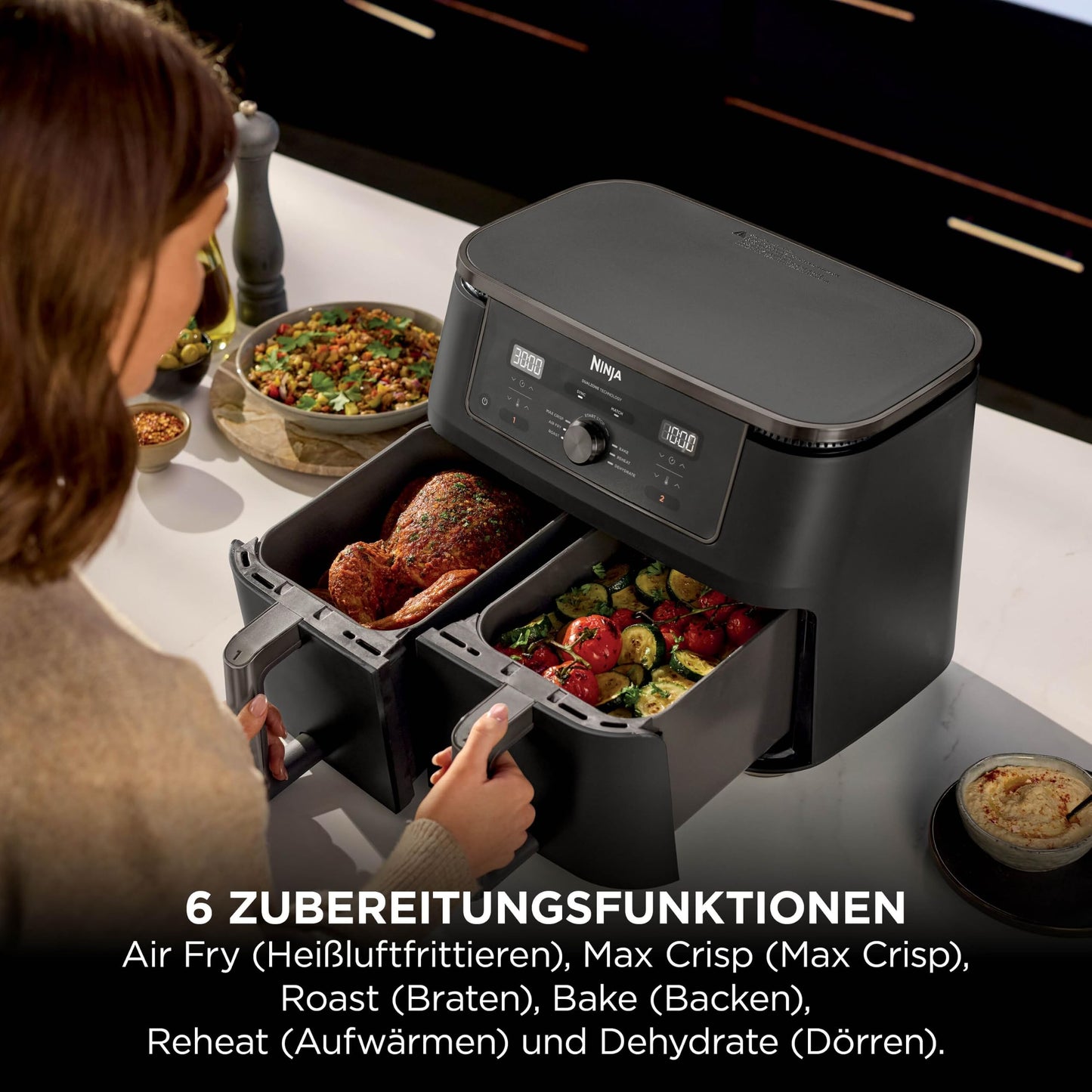 Ninja Air Fryer MAX Dual Zone, 2 Drawer, 9.5L, 6-in-1, Cooking without Oil, Air Fry, Max Crisp, Roasting, Baking, Reheating, Dehydrating, Dishwasher Safe Non-Stick Baskets, Onyx Black DZ400EUBK
