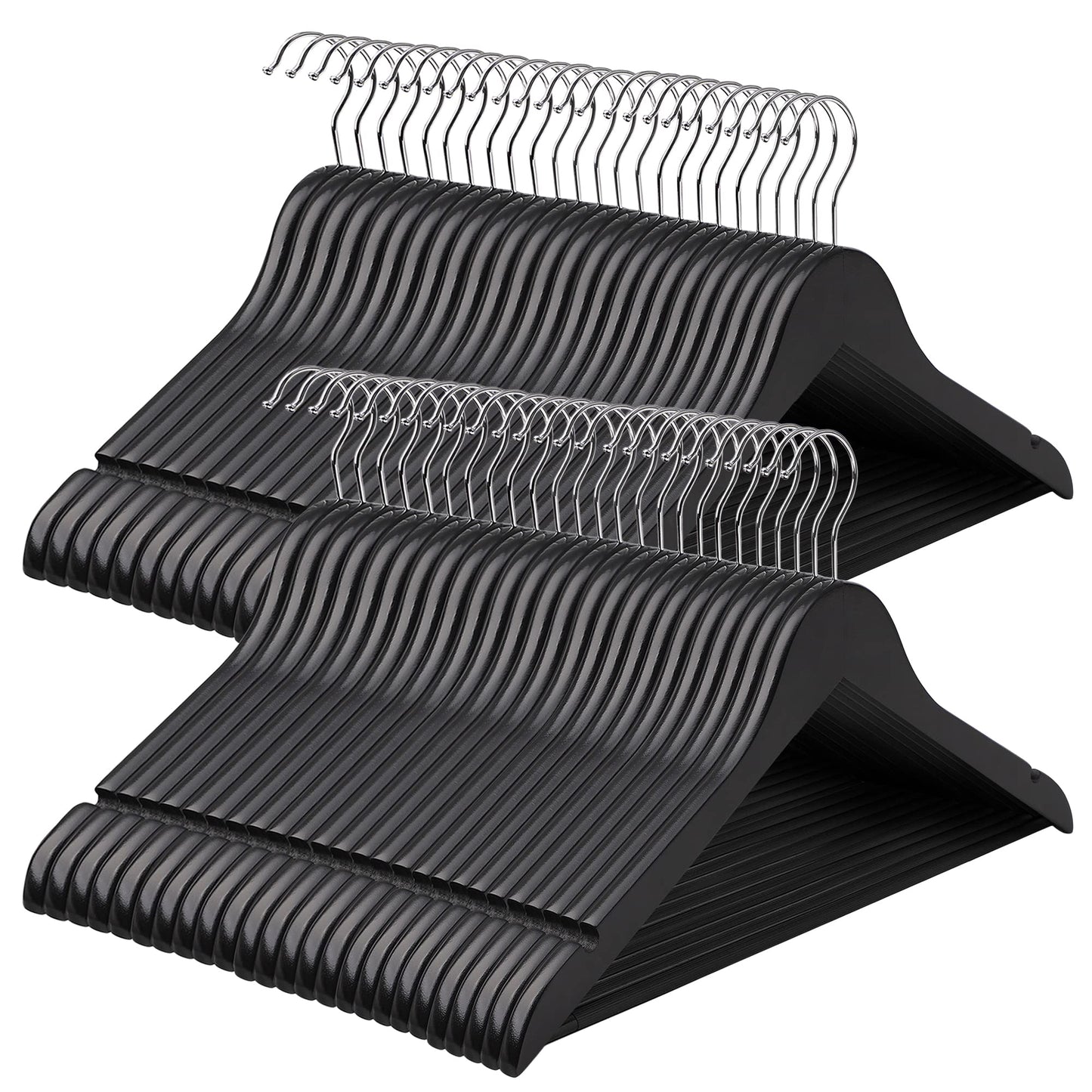SONGMICS wooden clothes hangers, set of 50, hangers made of solid wood, notches in the shoulder area, non-slip trouser bar, 360° rotating hook, for suits, shirts, black-silver CRW02B-50