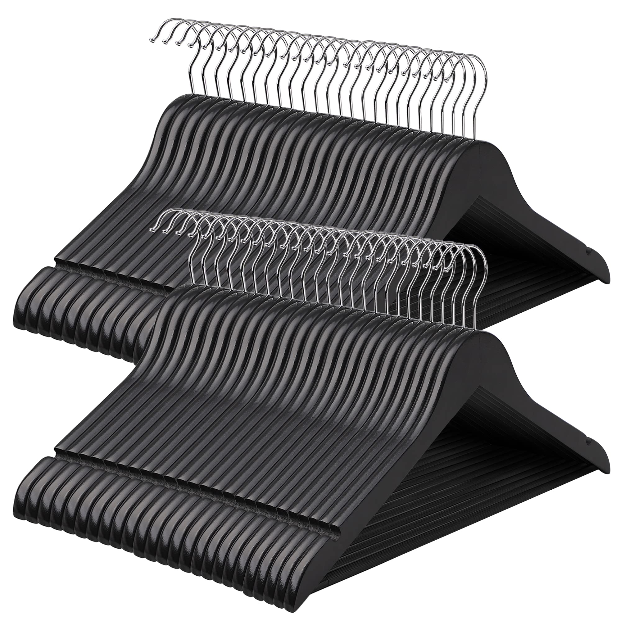 SONGMICS wooden clothes hangers, set of 50, hangers made of solid wood, notches in the shoulder area, non-slip trouser bar, 360° rotating hook, for suits, shirts, black-silver CRW02B-50
