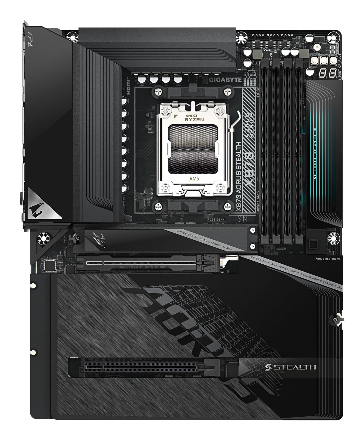GIGABYTE X870 AORUS Stealth Mainboard - Supports AMD Ryzen 9000 CPUs, digital 16+2+2 phase VRM, up to 8200MHz DDR5 (O.C.), 2xPCIe 5.0 + 2xPCIe 4.0, Wi-Fi 7, 5GbE LAN, USB 4