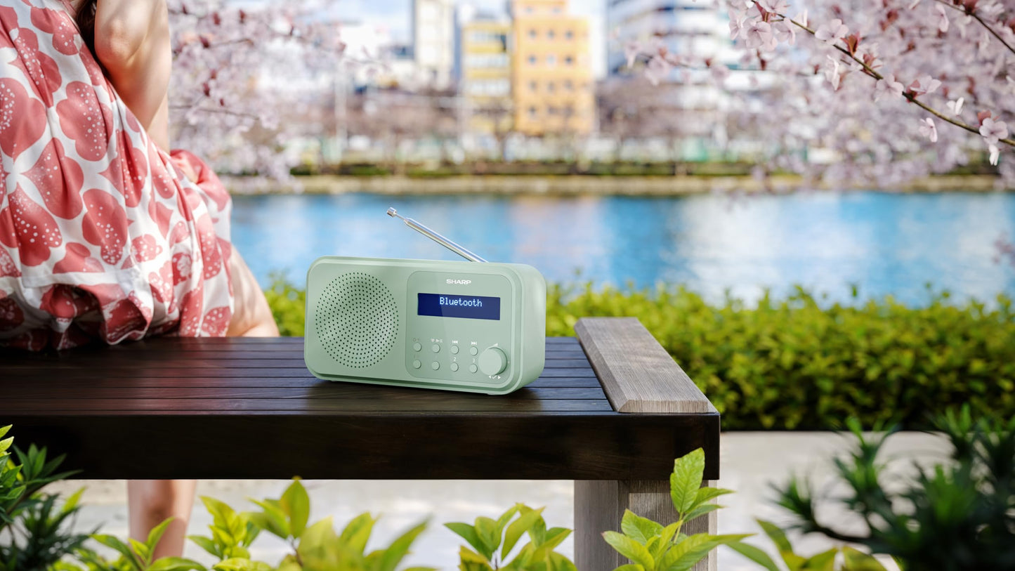 SHARP DR-P420(GN) Portable DAB+ radio with Bluetooth 5.0, DAB+/FM, USB or battery operation, dual alarm clock, 40 station presets, headphone jack - Tokyo digital radio Aquamarine Green