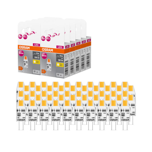 Osram LED BASE PIN MICRO, value pack with 50 low-voltage bulbs, replaces conventional 10W PIN special lamps, warm white (2700K), 1W, G4 base, matt glass, not dimmable, ultra-compact - 4099854340291