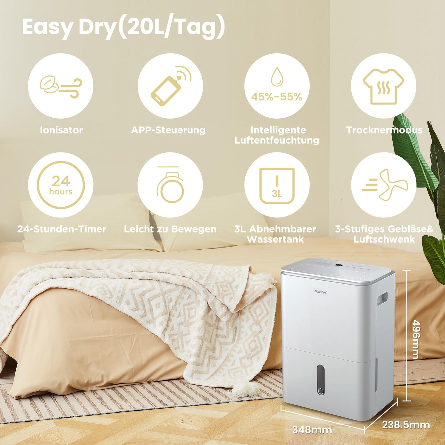 COMFEE' Dehumidifier Easy Dry 20L/day, 4 modes, humidifier connected, 3L tank, tumble dryer, swing function, for rooms of 40㎡/100 m³, white