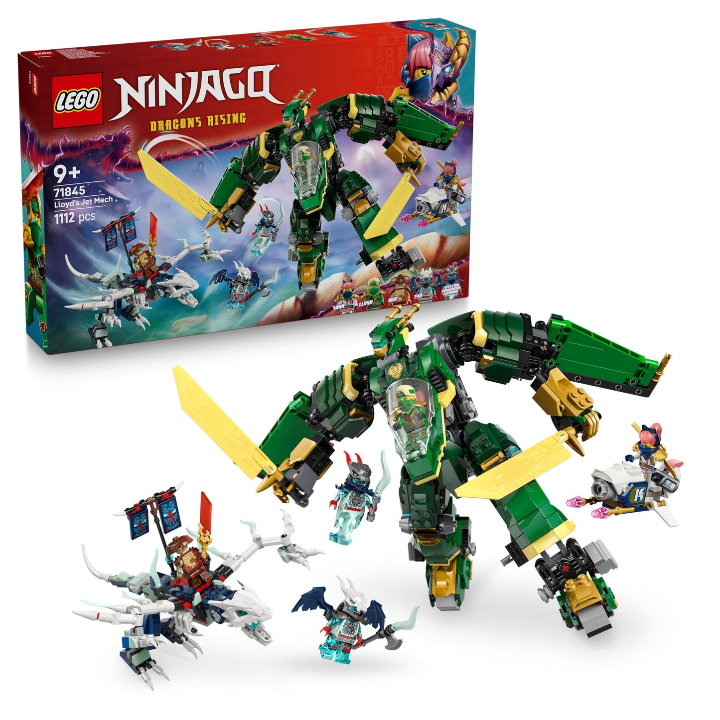 LEGO NINJAGO 2in1 Lloyd's Jet Mech - toy with 5 minifigures, dragon, equipment and flying motorcycle - gift for boys and fans of Rise of the Dragons aged 9 and over 71845