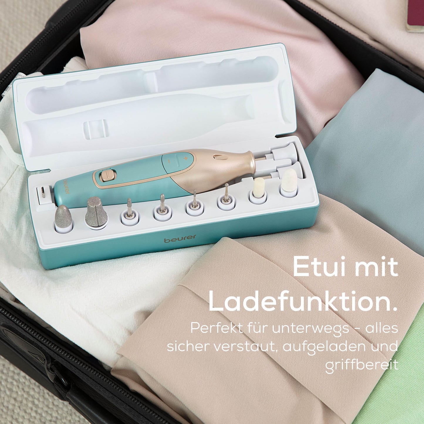 Beurer MP 84 manicure/pedicure set, electric nail file with battery, 10 attachments, LED light, including storage case, up to 4400 rpm, nail set for hand and foot care, turquoise - 570.02