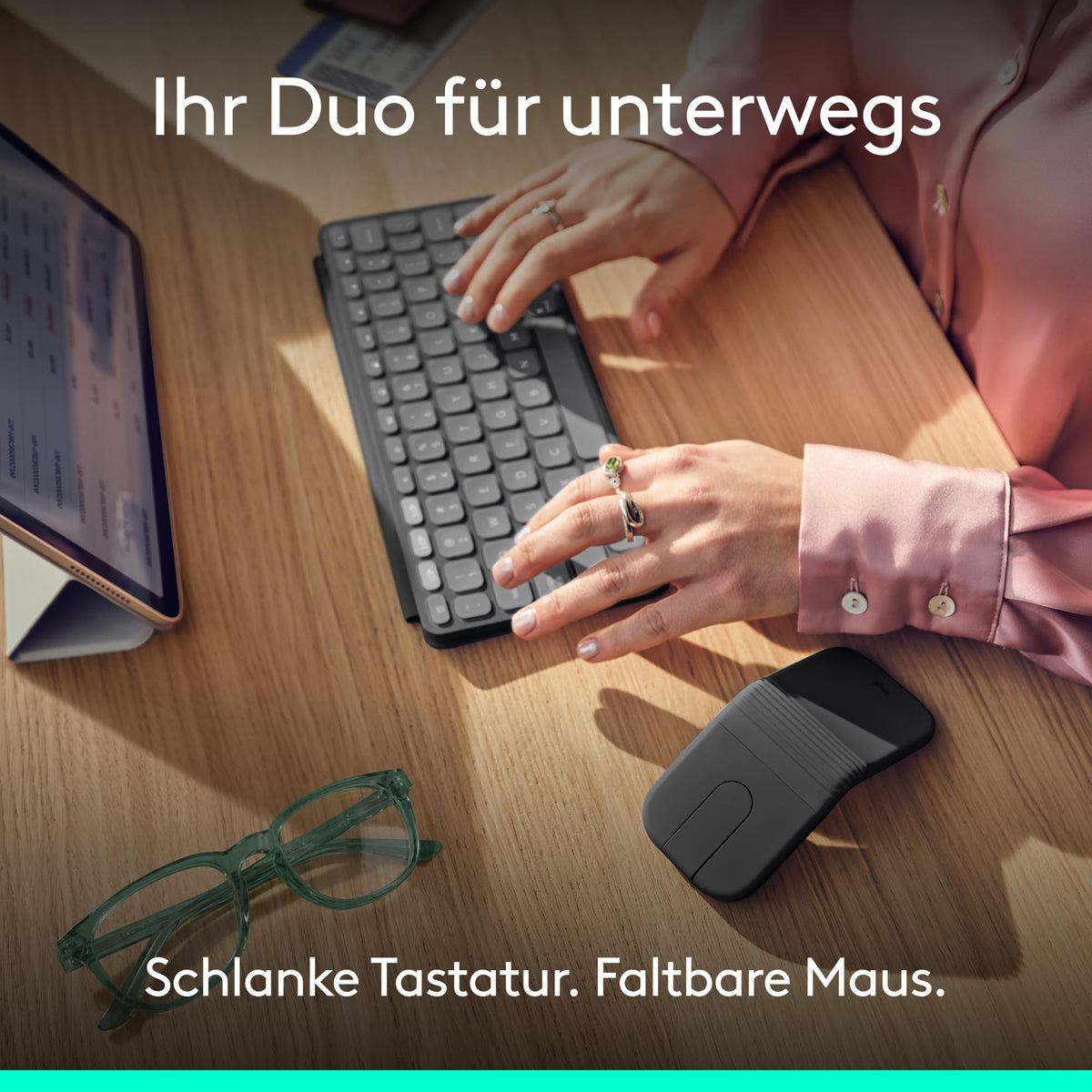 Logitech Keys-to-Go 2 and Mobi Fold, slim keyboard with cover and foldable mouse, lightweight, portable, Bluetooth, for Windows PC, Mac, Android, Chromebook, iPad, DEU QWERTZ - Light Gray & White - 910-007631