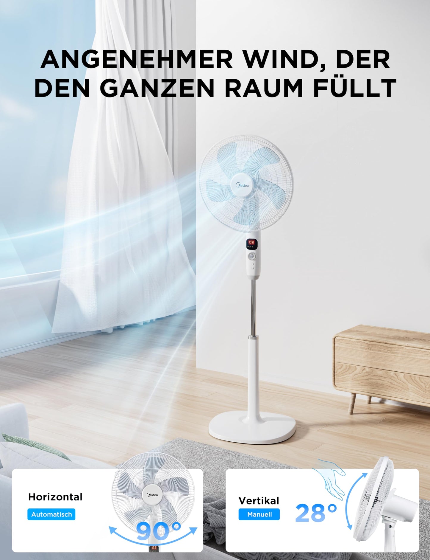 Midea FS40-16CR DC motor pedestal fan quiet Extreme, with remote control, 12 speeds, 12H timer, 4 modes, LED display, energy saving, 22 dB, height adjustable, air circulation, white