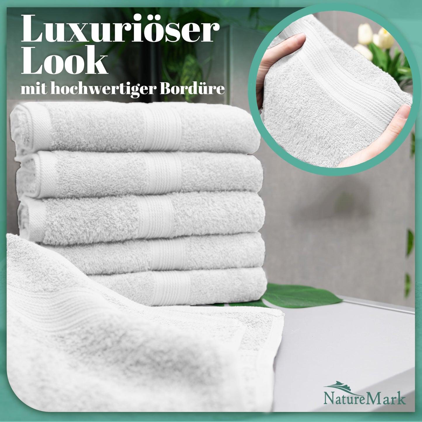 NatureMark 8 towel set - 100% cotton - absorbent and durable towels, size 50×100cm, white - NM-HT0843