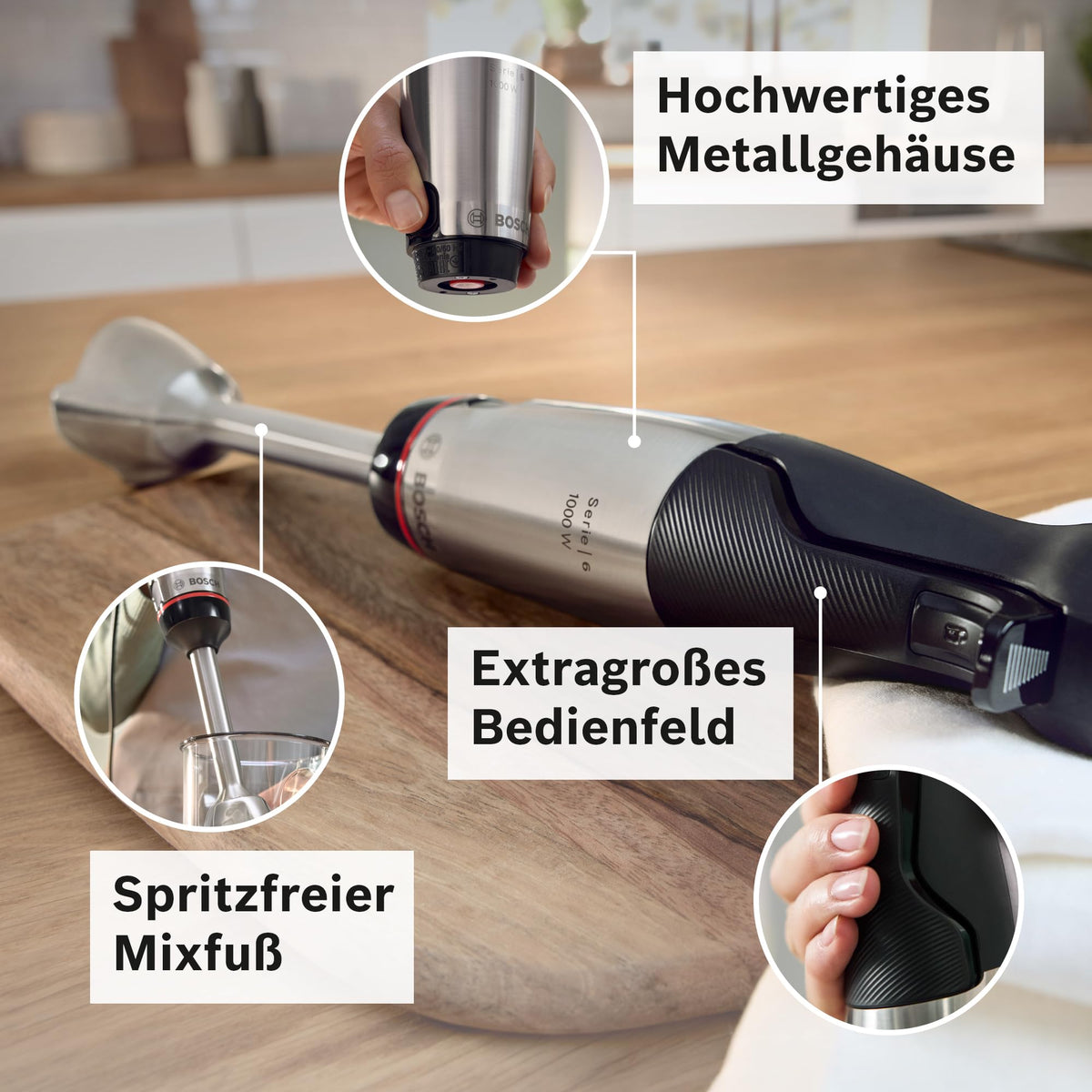 Bosch ErgoMaster Series 6 Hand Blender, with mixing cup, 4 stainless steel blades, wear-free ceramic coupling, durable, air cooling, powerful, 1200W, MSM6M810