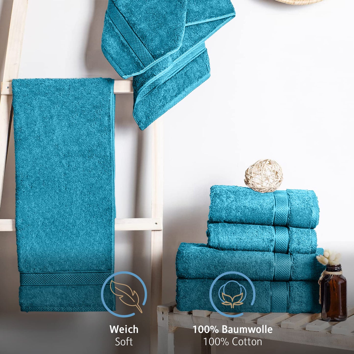 Komfortec set of 8 towels, 4 bath towels 70x140 cm & 4 hand towels 50x100 cm, 100% cotton terry cloth, fluffy and absorbent, turquoise - 4er-50x100-und-4er-70x140-turkis