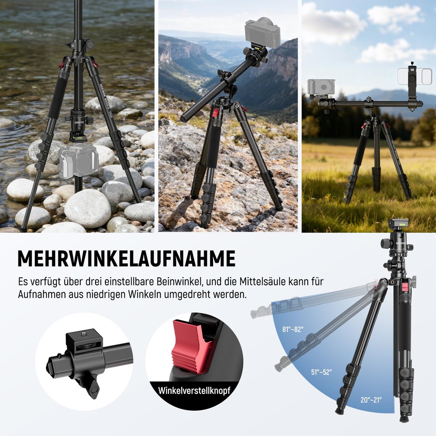 NEEWER Basics 64.5" Horizontal Overhead Tripod Camera Tripod Monopod for Cameras Aluminum Travel Tripod for DSLR Camcorder with Mobile Phone Holder Compatible with iPhone for Video, 10kg Load Capacity, TP66