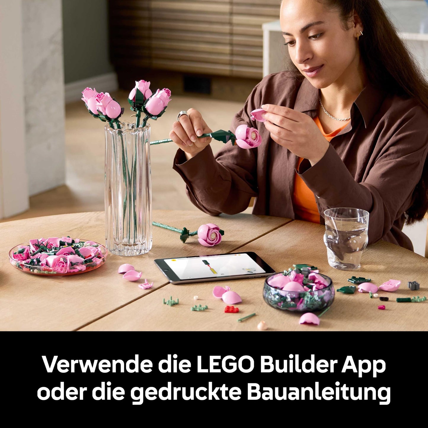 LEGO Botanicals Pink Rose Bouquet - Set of Artificial Flowers for Adults - 12 Artificial Roses & 4 Branches of Gypsophila as DIY Decoration - Gift Idea for Women - 10374