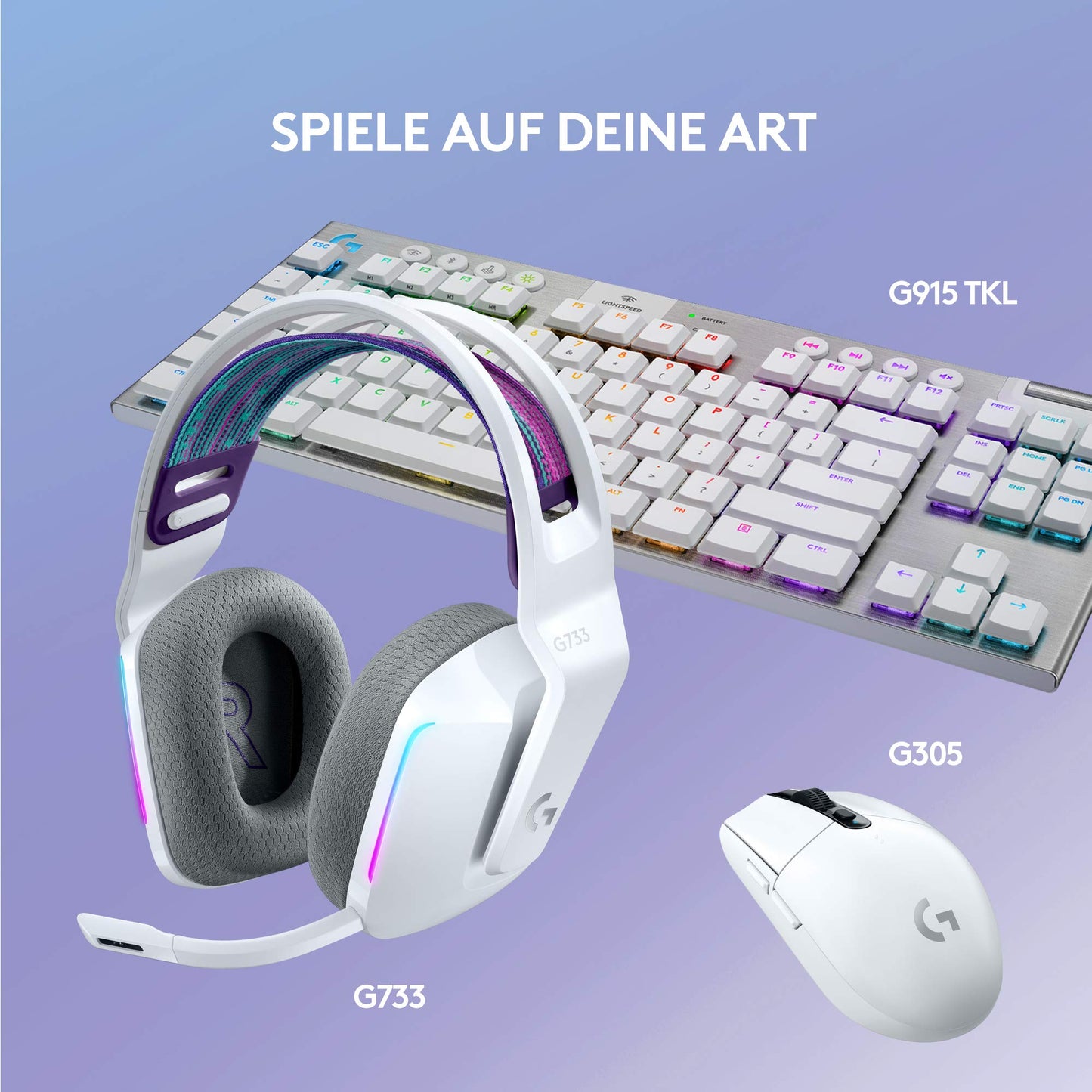 Logitech G733 LIGHTSPEED wireless gaming headset with headband, LIGHTSYNC RGB, Blue VO!CE microphone technology, PRO G speakers, ultralight, 29-hour battery life, 20m range - white - 981-000883
