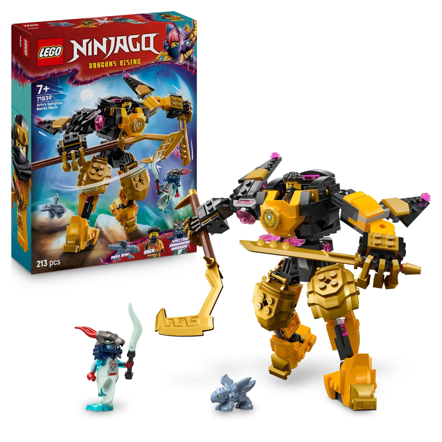 LEGO NINJAGO Arins Spinjitzumech - Ninja playset with movable mech figure, 2 minifigures and Baby Ryu dragon model - gift idea for boys and girls aged 7 and up - 71839