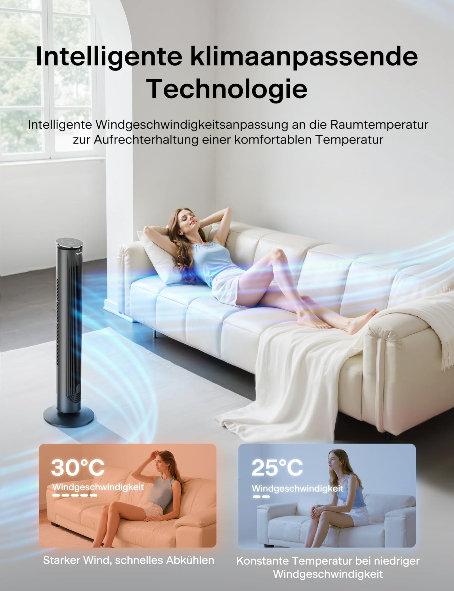 Pelonis Quiet Tower Fan, 4.2m/s Fan with Cooling Remote Control, Tower Fan Stand Fan with 9 Hour Timer, 4 Modes 5 Speeds, SMART Mode, LED Display for Bedroom Office - PE-FZ10-21AR-DE-FBA