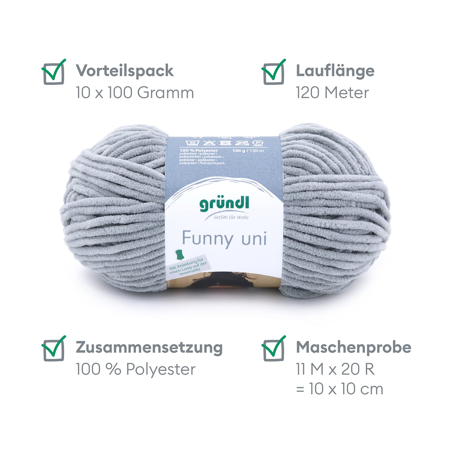 Gründl Wolle Funny uni - soft chenille wool for crocheting - cuddly and skin-friendly - 100% polyester - 10 balls 100 g / 120 m - needle size 5-6, light gray - 3442-07