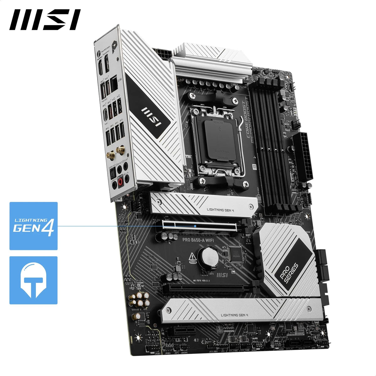 MSI PRO B650-A WiFi Motherboard, ATX - Supports Ryzen 9000, 8000 & 7000 Series Processors, AM5 - DDR5 Memory Boost 7600+MHz/OC, 2 x PCIe 4.0 x16, 3 x M.2 Gen4, Wi-Fi 6E - 7D75-013R