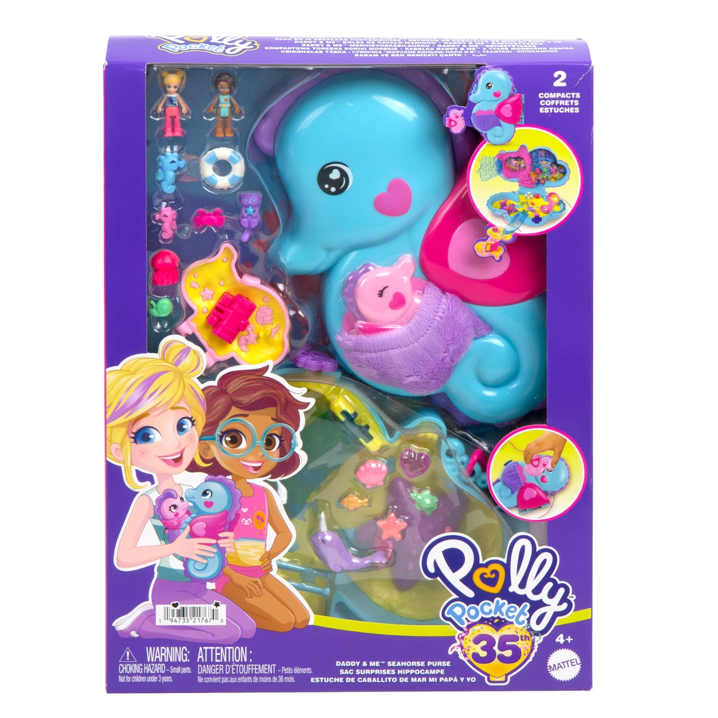 Polly Pocket Dolls and Animal Playset with 13 Accessories, 2-in-1 Daddy and Me Seahorse Box, Portable Bag and Animal Toy, with Shani, HWP03