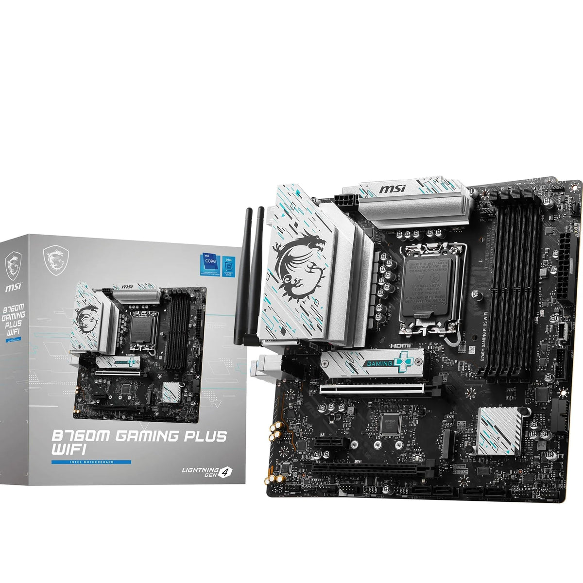 Placa de bază MSI B760M Gaming Plus WiFi, mATX - Suportă procesoare Intel Core din generațiile a 14-a, a 13-a și a 12-a, LGA 1700 - DDR5 6800+MHz/OC, 1x PCIe 4.0 x16, 2 x M.2 Gen4, LAN 2.5G, Wi-Fi 6E - 7D99-017R