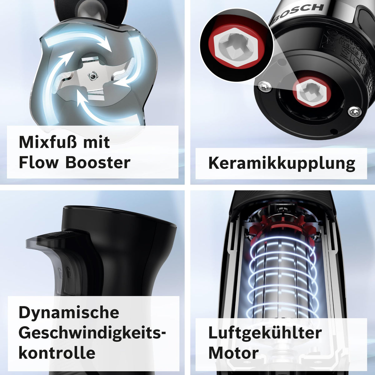 Bosch ErgoMaster Series 6 Hand Blender, 4 stainless steel blades, one-handed operation, wear-free ceramic coupling, durable, air cooling, chopper, potato masher, whisk, 1000 W, MSM6M673