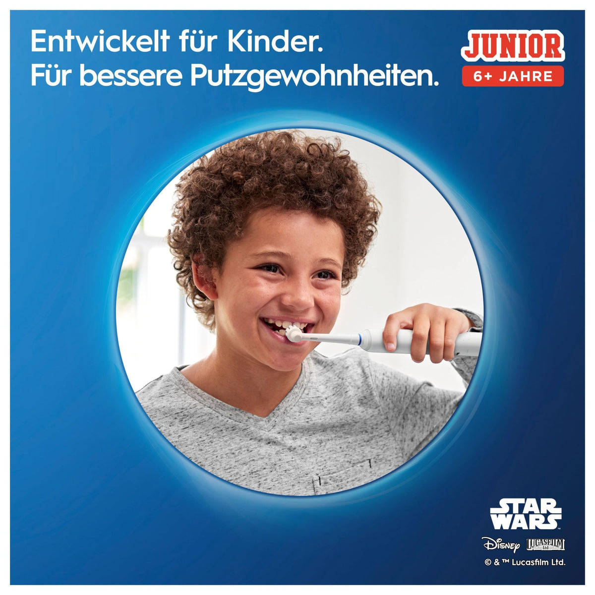 Oral-B Junior Star Wars Periuță electrică pentru copii de la 6 ani, 2 capete de periuță, control al presiunii 360°, 2 moduri de curățare inclusiv îngrijire sensibilă, peri moi, cronometru, alb - 8006540760437