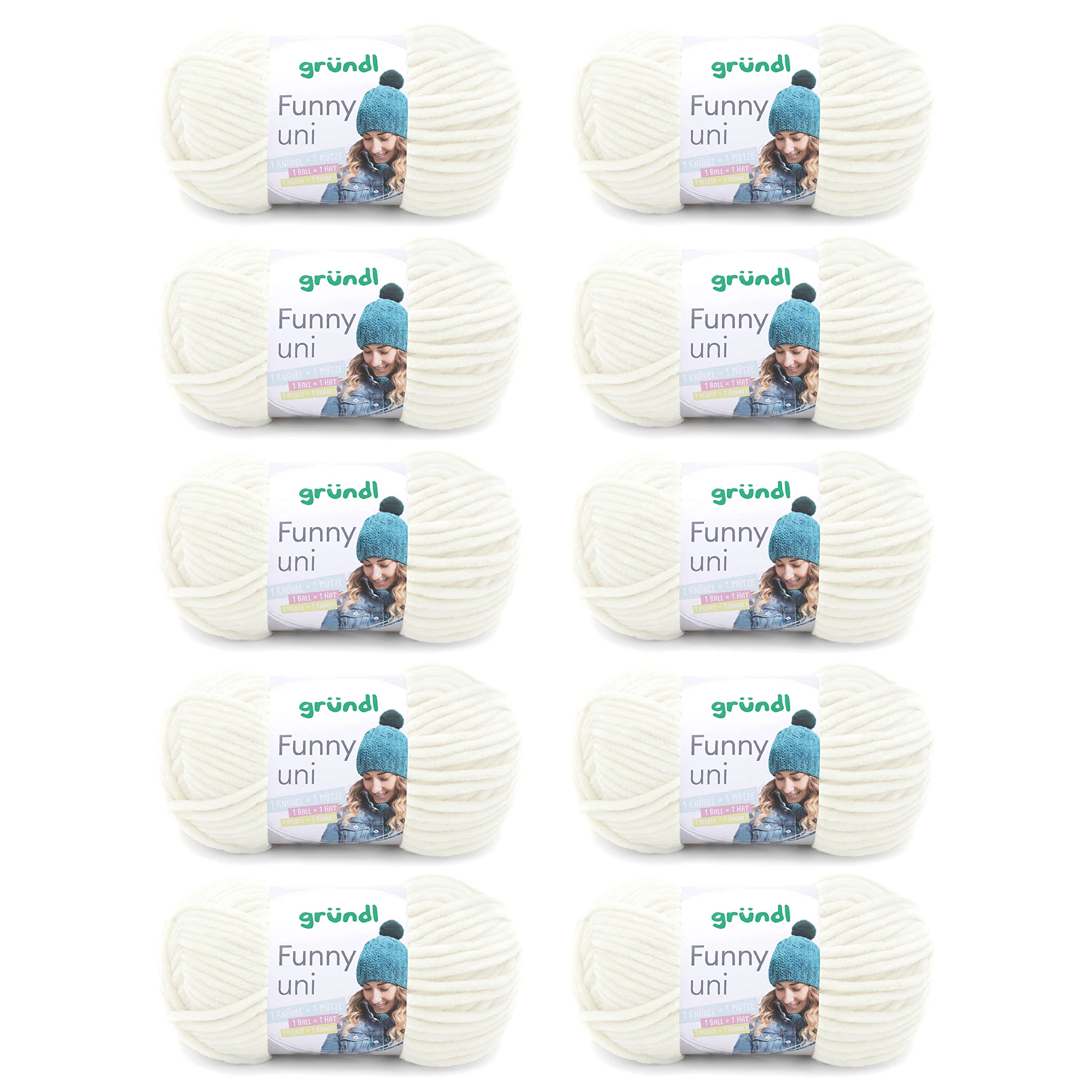Gründl Wolle Funny uni - lână moale de chenille pentru croșetat - pufoasă și prietenoasă cu pielea - 100% poliester - 10 sculuri 100 g / 120 m - dimensiune croșetă 5-6, crem - 3442-05