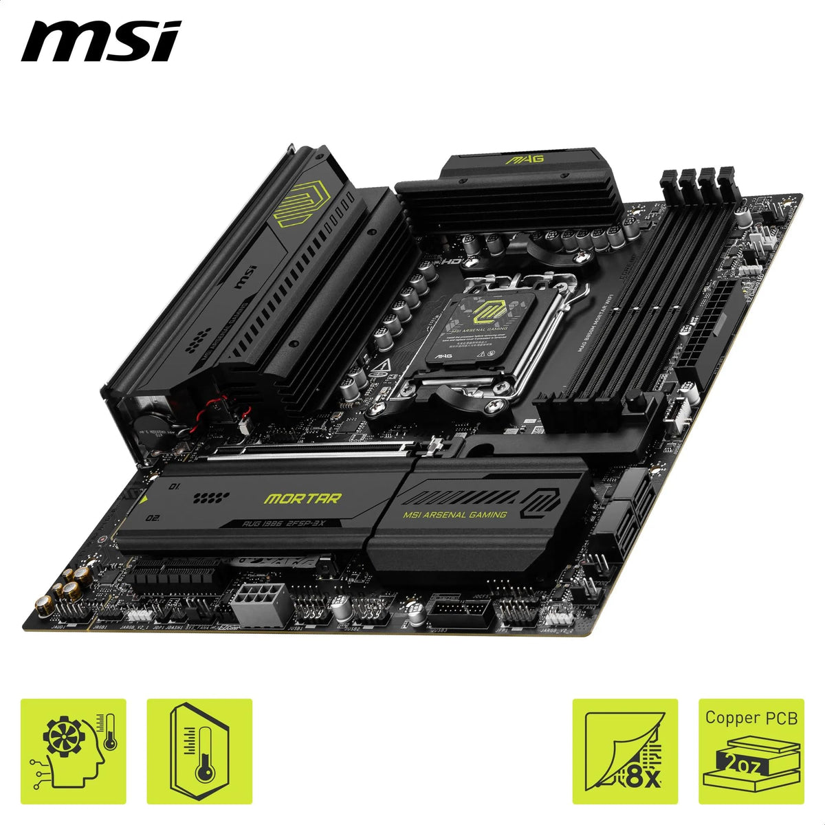 MSI MAG B850M Mortar WiFi Placă de bază, mATX - Suportă procesoare AMD Ryzen 9000/8000 / 7000, AM5-60A SPS VRM, DDR5 Memory Boost 8200+ MT/s (OC), PCIe 5.0 x16, M.2 Gen5, Wi-Fi 7, 5G LAN - 7E61-001R