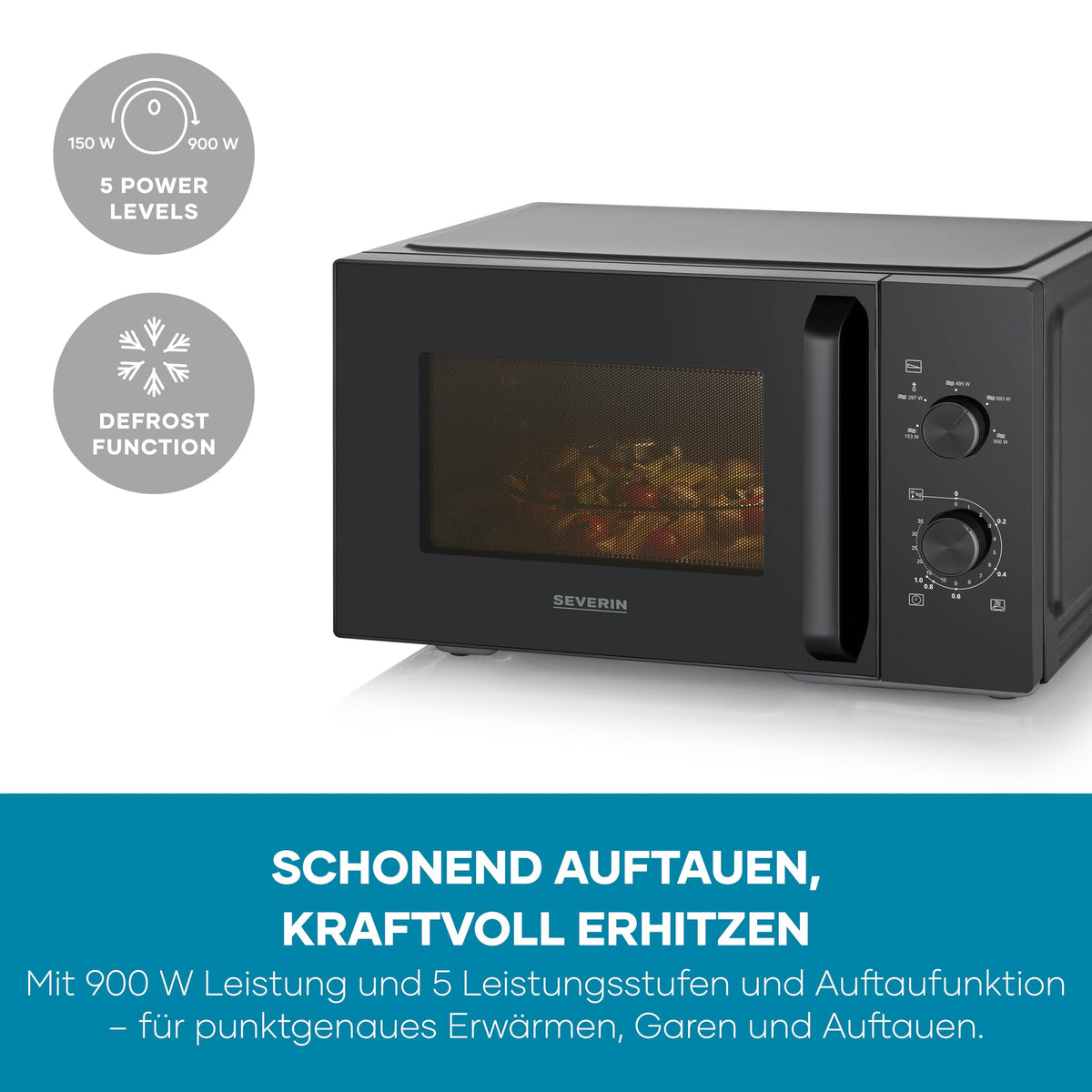 Severin Solo Microwave, for defrosting and heating, XXL interior, 28 L, microwave device with removable glass turntable, 5 power levels, 35-minute timer, 900 W, black, MW 7796