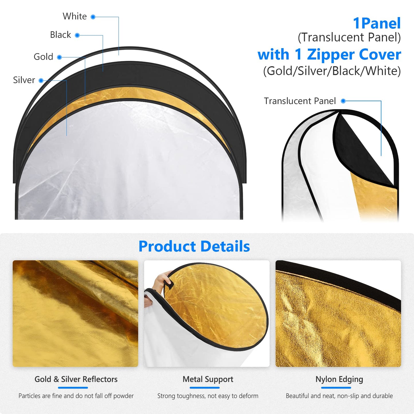 NEEWER 5 in 1 Reflector 31"x47"/80x120cm Light Reflector for Photography, Portable Foldable Multi Disc with Bag - Translucent, Silver, Gold, Black, White Diffuser for Studio and Outdoor Lighting - 10071555