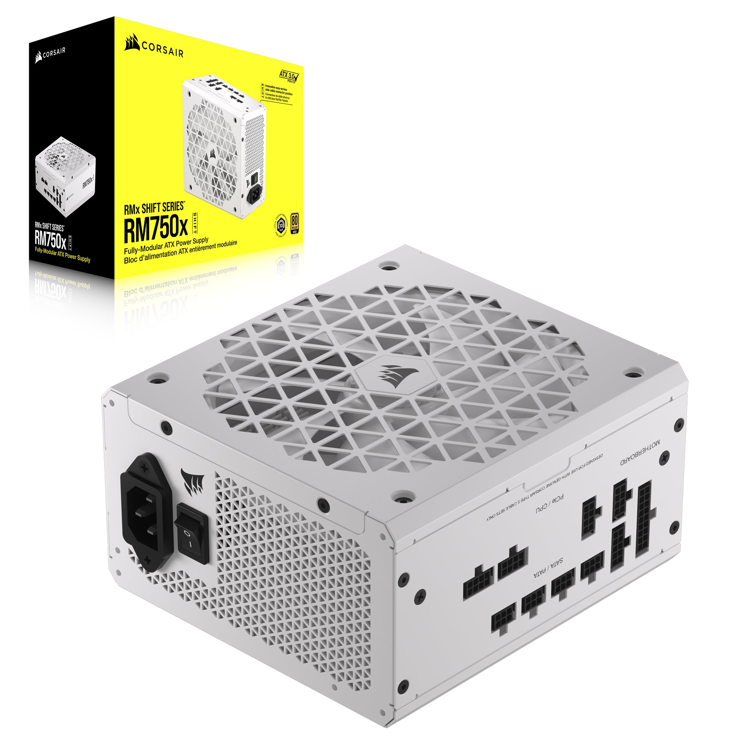 Corsair RM750x SHIFT Fully Modular ATX Power Supply - Modular Side Interface - ATX 3.1 & PCIe 5.1 Compatible - Zero Speed Fan Mode - 105°C Capacitors - 80 PLUS Gold Efficiency - White - CP-9020273-EU