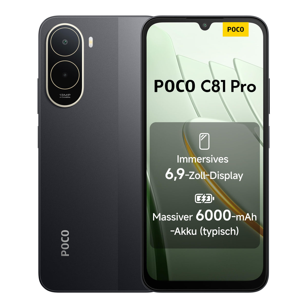 Poco C81 Pro Smartphone, 4 GB + 256 GB, telefon, acumulator de 6000 mAh, ecran de 120 Hz, display de 6,9 inch, cameră duală AI de 13 MP, negru, garanție suplimentară de 1 an