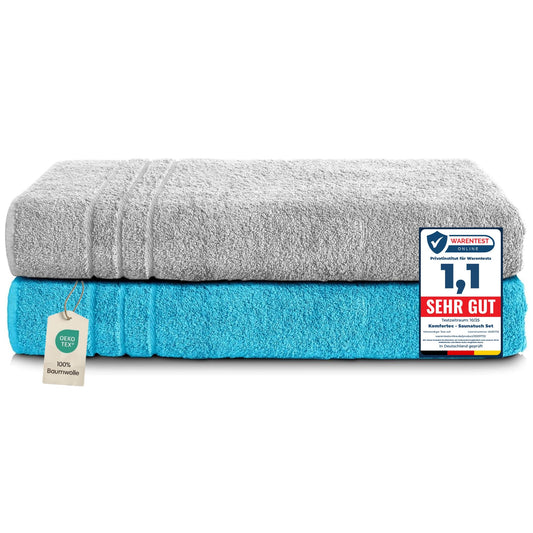 Set 2 prosoape saună Komfortec 80x200 cm, prosoape mari de saună din bumbac 100%, pufoase și absorbante, cu uscare rapidă, gri deschis/turcoaz - 2buc-80x200-argintiu-și-turcoaz