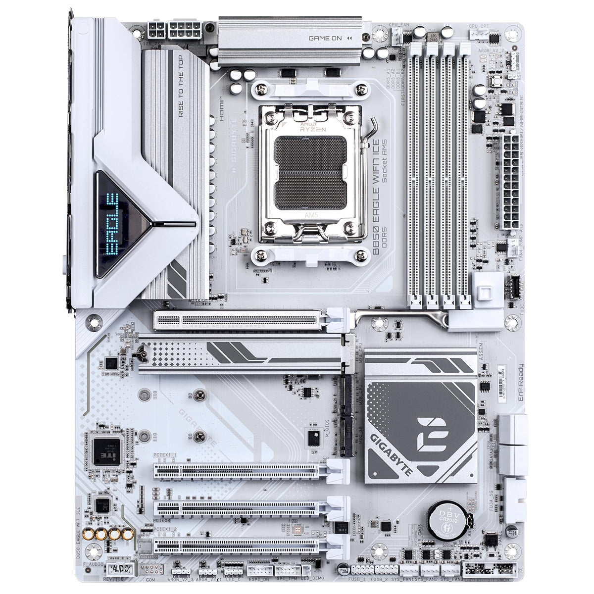 GIGABYTE B850 Eagle WIFI7 Ice Mainboard – Procesor AMD Ryzen 9000 Serie, VRM digital 8+2+2 faze, până la 8200 MHz DDR5 (O.C.), 1x PCIe 5.0 + 2x PCIe 4.0 M.2, Wi-Fi 7, LAN 2.5 GbE, USB 3.2 Gen 2