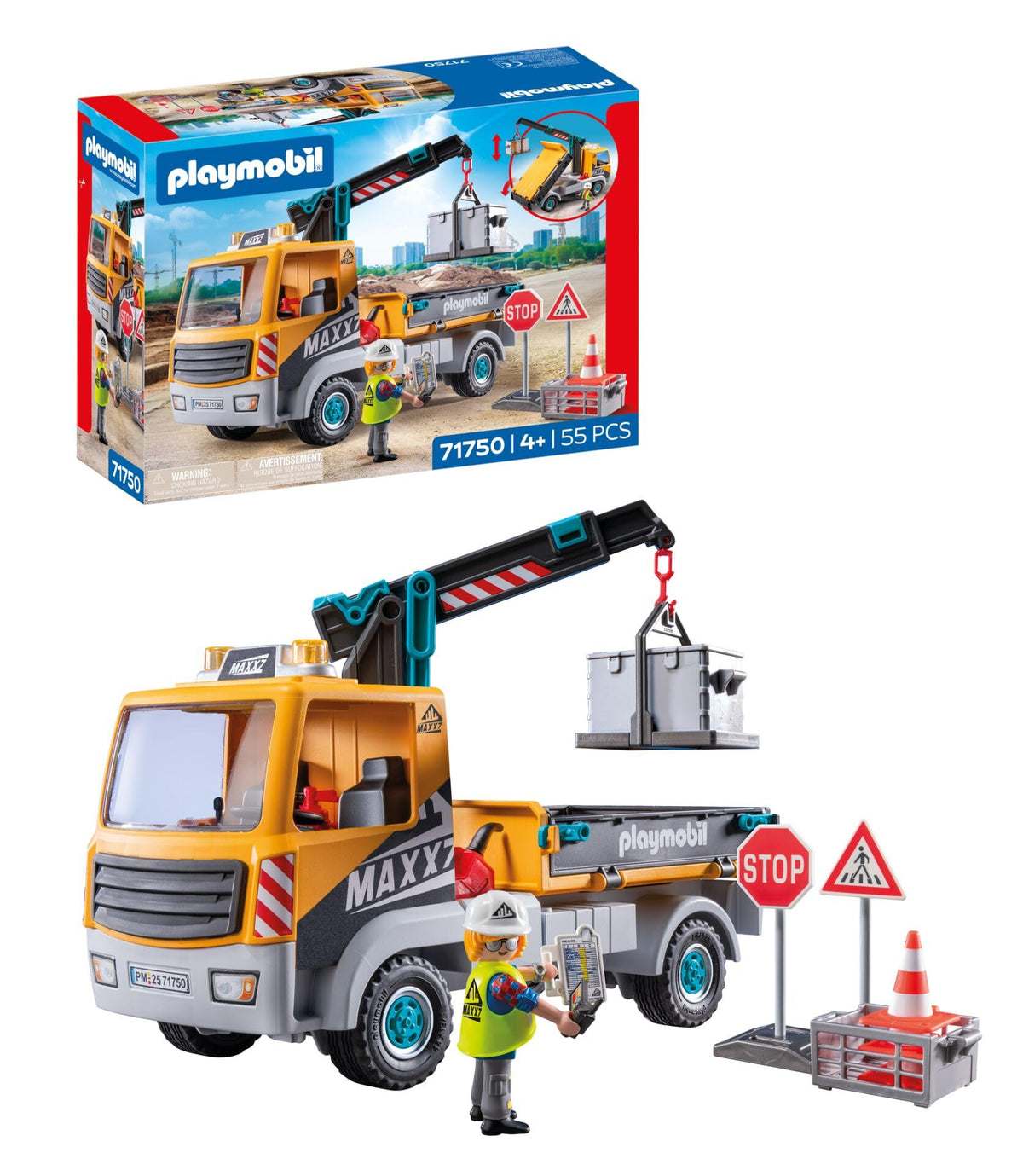 PLAYMOBIL | City Action | Construction site truck with crane | Construction site toy child | Construction site playset | Toys for children aged 4 and over | 71750